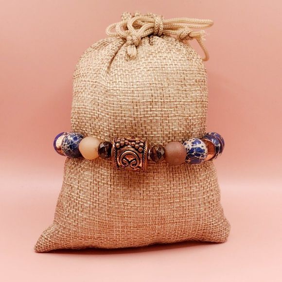 Royal Blue Imperial Jasper, Druzy Agate, Bronzite and Copper Bracelet - Picture 4 of 5